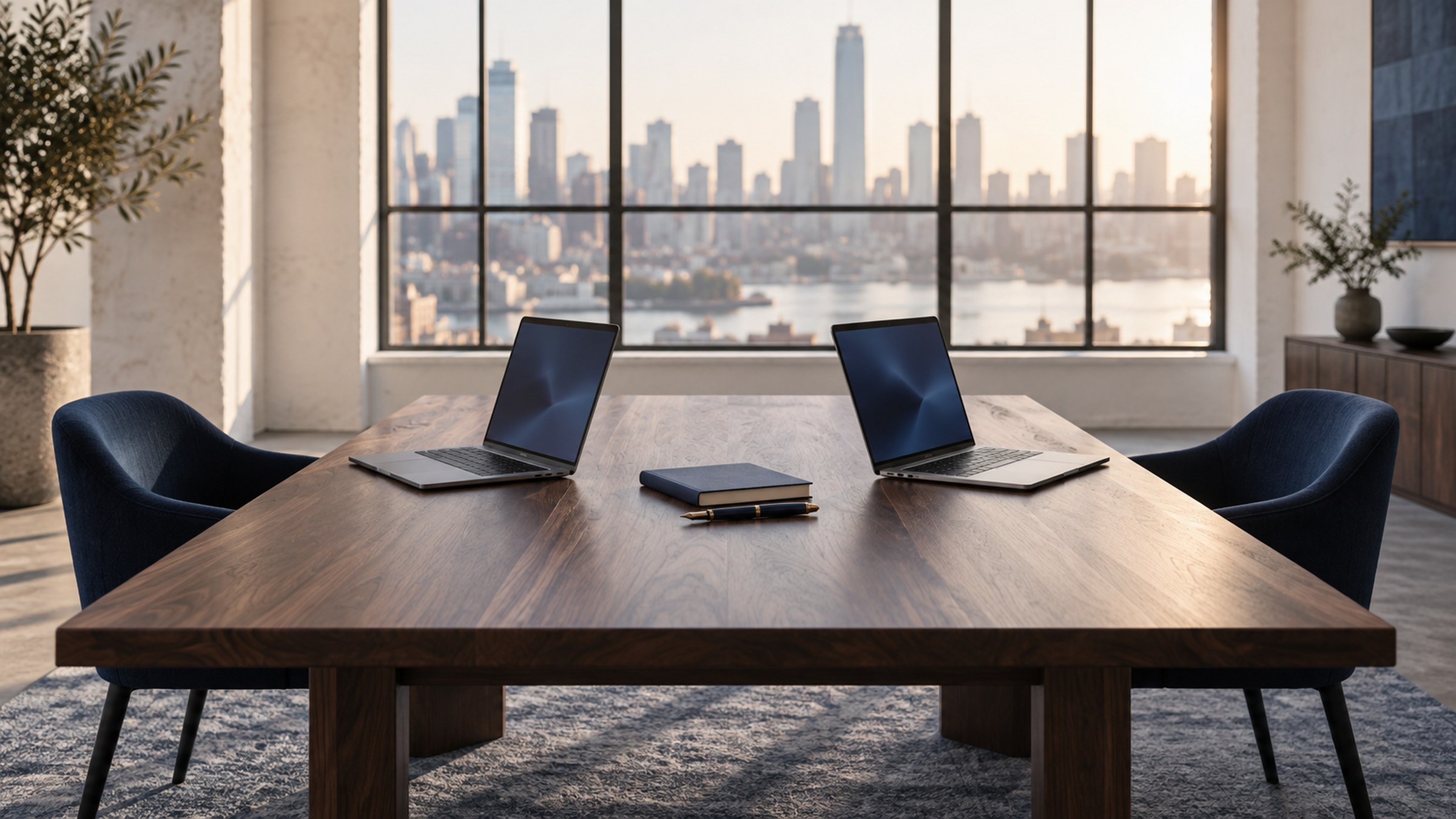 A shared workspace, two laptops open facing each other